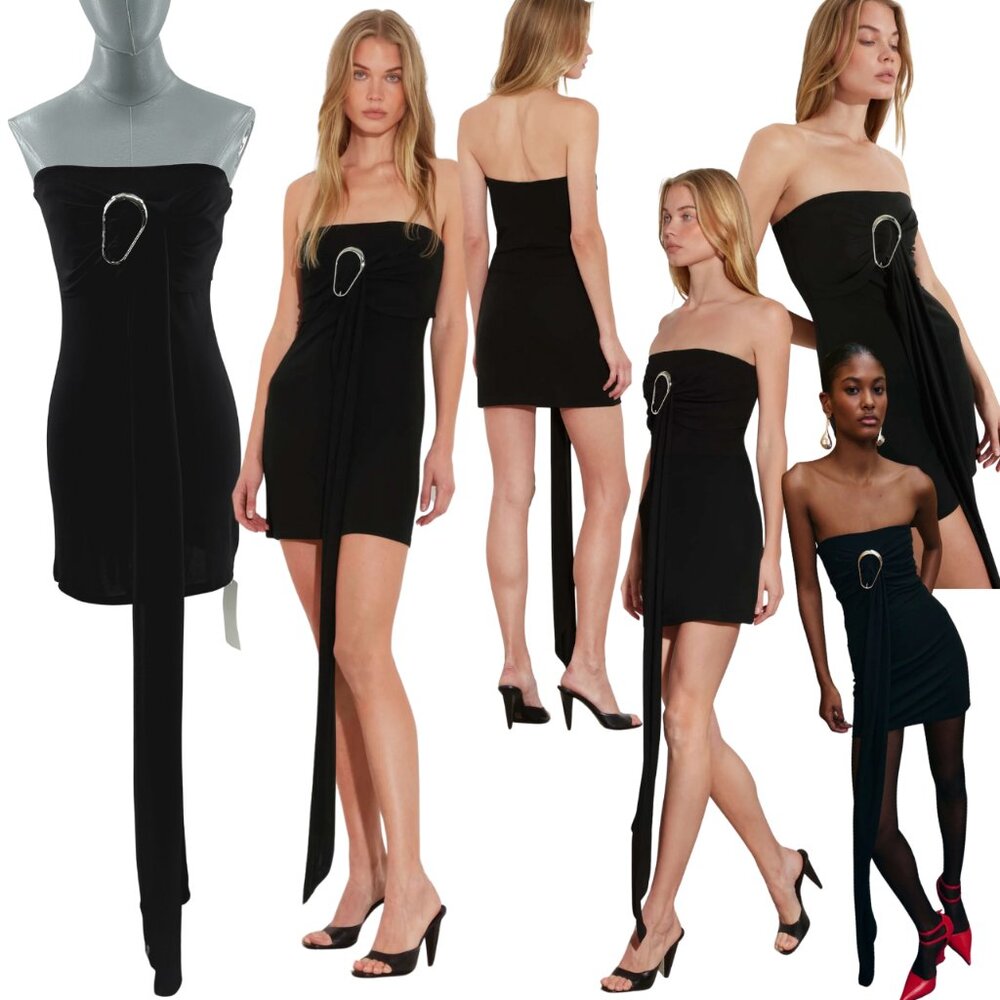 🆕 RAT & BOA 🧿 NWT Selma Little Black Strapless Dress, Buckle Draping - Sz XS